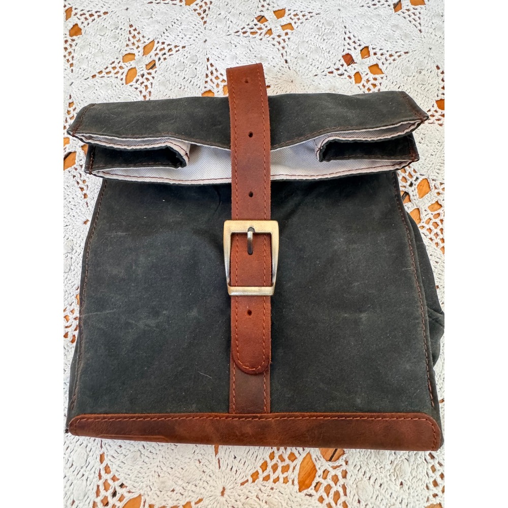 InnesBags Waxed Canvas Leather Roll Top Lunch Bag Brown Green Reusable‎ Buckle
